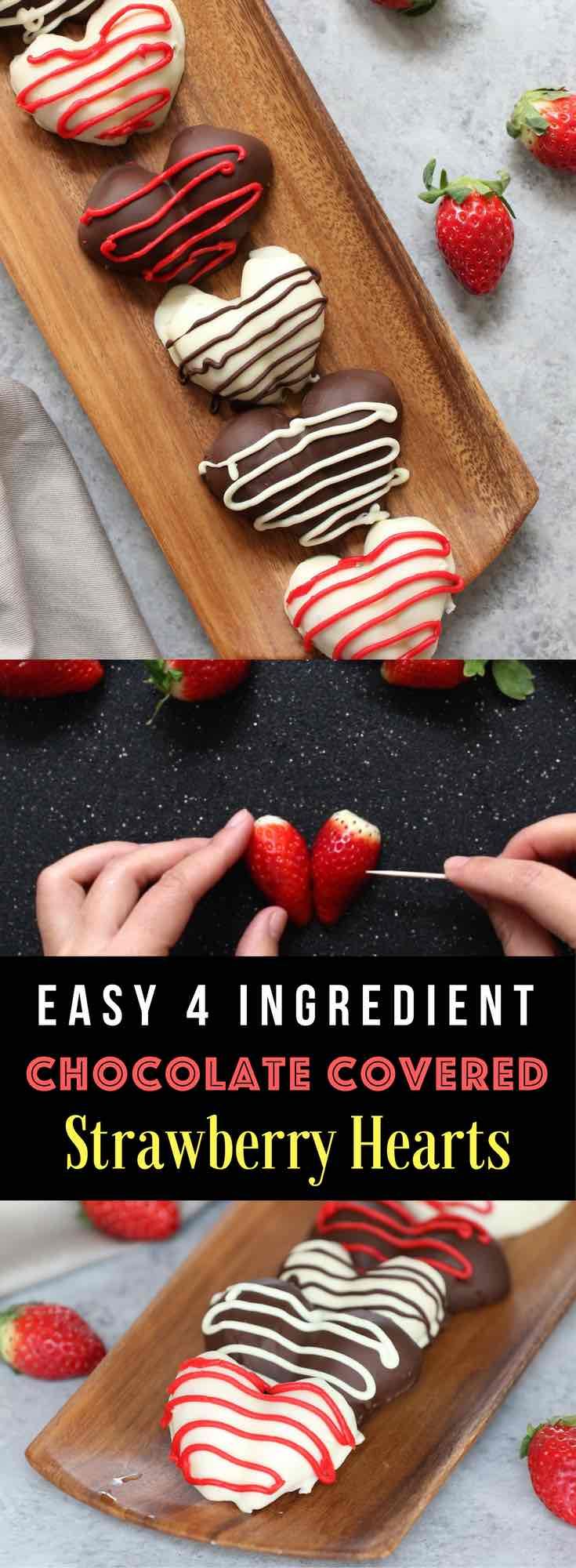 chocolate covered strawberries in the shape of hearts on a wooden tray with text overlay that reads easy 4 ingredient chocolate covered strawberry hearts