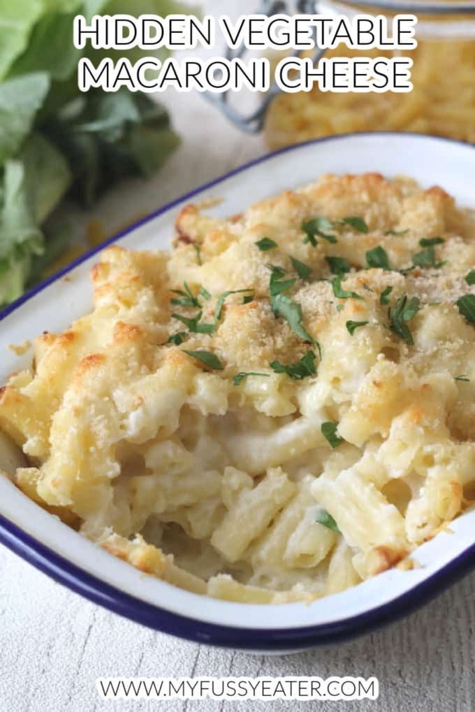 a close up of a plate of macaroni and cheese with text overlay