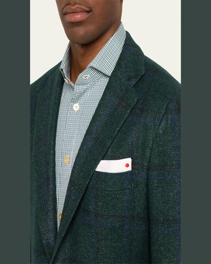 Kiton sport coat in twotone windowpane check    Singlebreasted silhouette; 3 rolled to 2 buttons    Notched lapels    Chest welt pocket    Side flap pockets    Unfinished sleeves    Doublevented back    Cashmere/silk    Made in Italy Sport Coat, Flap Pocket, Welt Pocket, Tops Designs, Top Brands, Cashmere, In Italy, Dry Clean, Italy