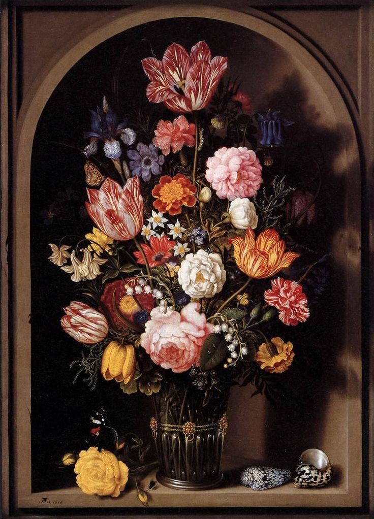 a painting of flowers in a vase on a ledge