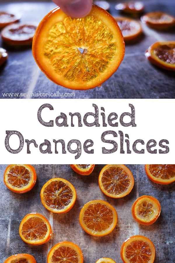 an orange sliced in half with the words candied orange slices on top and bottom