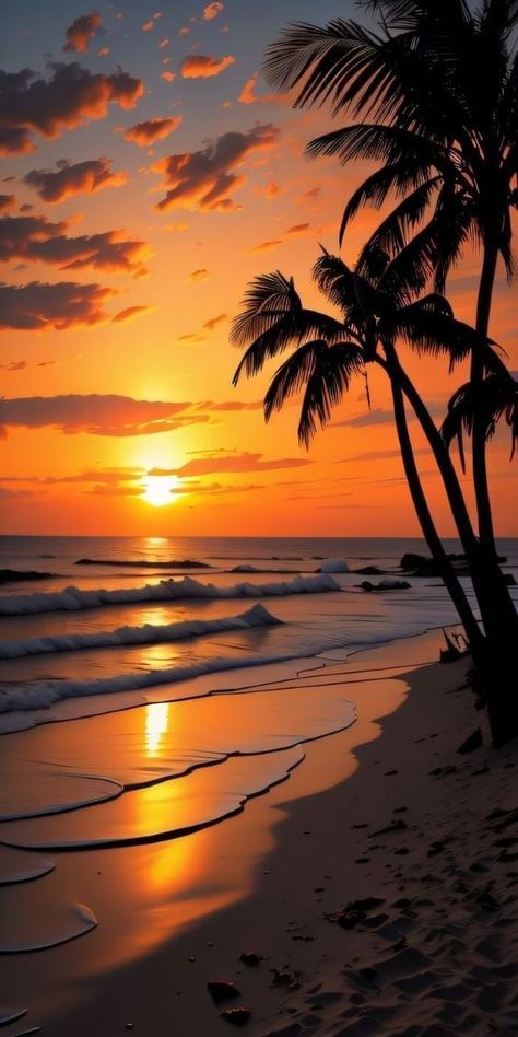 the sun is setting over the ocean with palm trees on the beach in front of it