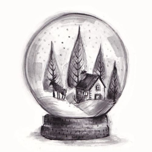 a drawing of a snow globe with houses in it and trees inside the glass ball