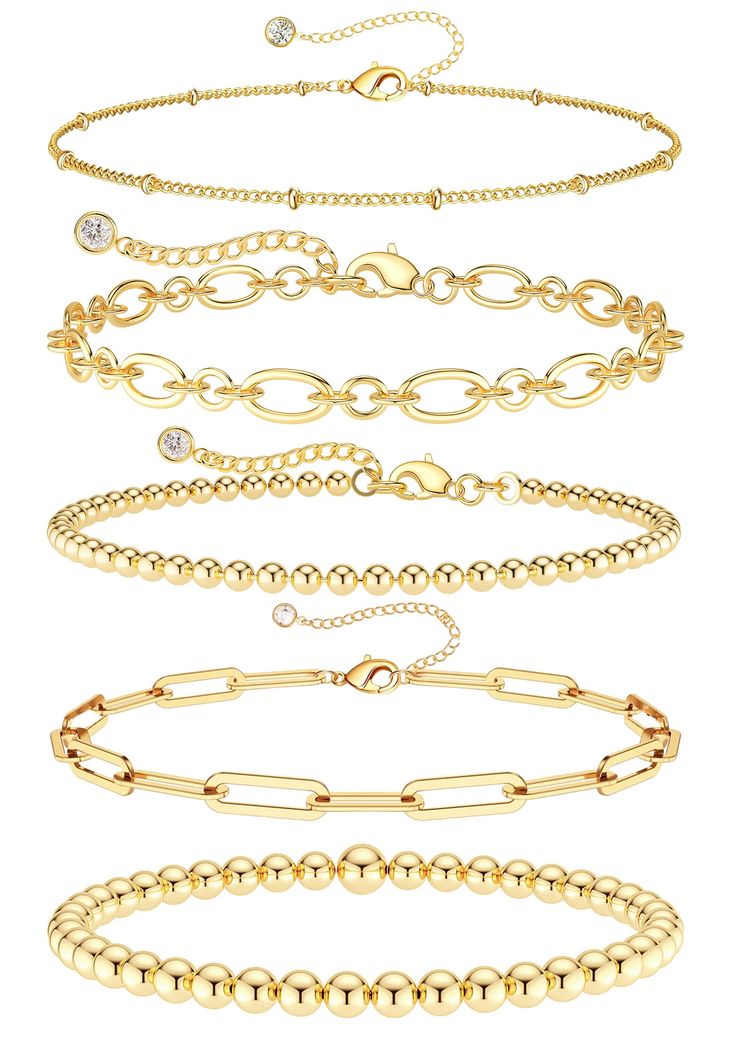 PRICES MAY VARY. 【5Pcs GOLD BRACELETS SET】:👜 Set contains: ①Gold Beaded Bracelet ②Small Beaded Bracelet ③Paperclip Bracelet ④Halo Link Bracelets ⑤Satellite Bracelets. These Bracelets are suitable for layering as well as being worn alone. 【BRACELETS SIZE】: 📏 Each Bracelet length 6.5”+ 2.5” extender. Strong lobster clasp design, you can easily to adjust bracelets length by yourself, this ankle bracelets suitable for women and teen. 【BRACELET MATERIAL】: 💎14k gold filled bracelets, lead free, nic Gold Bracelets Beads, Amazon Bracelet Stack, Christmas Gift Ideas Trendy, Christmas Ideas For Gifts For Teens, Bracelet Mini Beads, Trending Womens Jewelry, Trendy Teen Jewelry, Evry Jewels Bracelet Stack, Amazon Gold Bracelets