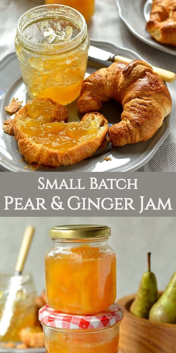 small batch pear and ginger jam on a plate next to a jar of jelly with a croissant in the background