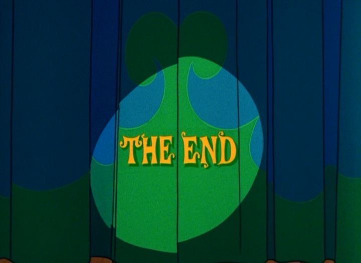 the end title on an animated screen with blue and green colors, surrounded by wood planks