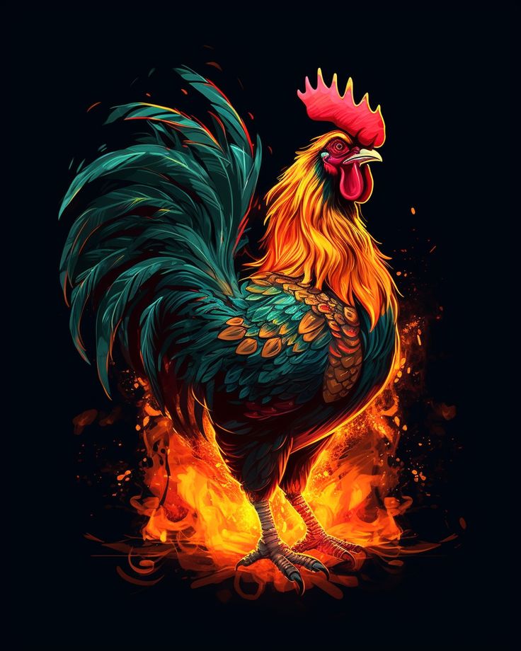 a rooster standing on fire with its head turned to the side