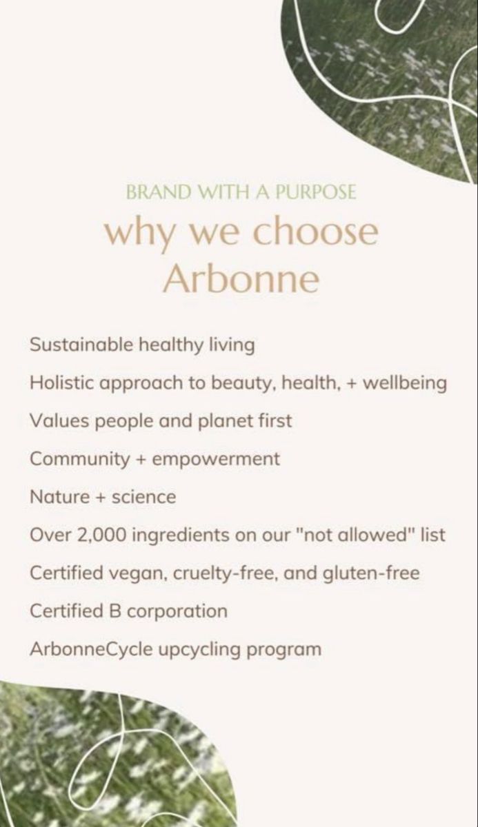 an advertisement with the words why we choose arbonne on it's side