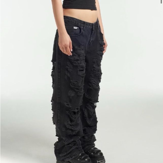 Charcoal Distressed Denim Black Ripped Punk Jeans, Punk Style Ripped Black Jeans, Black Distressed Wide Leg Jeans, Black Ripped Punk Bottoms, Black Punk Mid-rise Jeans, Black Mid-rise Punk Jeans, Distressed High-waist Streetwear Pants, Black Ripped Edgy Pants, Distressed High Waist Grunge Pants