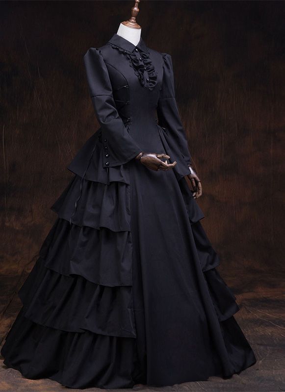 Black Gothic Victorian Steampunk Dress Vintage Renaissance Reenactment Halloween Costume     Condition: Brand New   Color:  As Picture   Material: Satins And Lace   Silhouette: Ball Gown   Sleeve Length: Full Sleeve   Dresses Length:Floor-Length   Neckline: Turndown-Collar   Decoration: Ruffles   Style: Vintage     Includes: Dress Halloween Corset Dress With Ruffles For Cosplay, Gothic Cosplay Costume With Ruffles, Fitted Gothic Cosplay Costume, Long Sleeve Corset Dress For Halloween Cosplay, Gothic Fitted Costumes, Fitted Cosplay Costume With Ruffles For Halloween, Long Sleeve Corset Dress For Halloween Costume, Long Sleeve Corset Dress For Halloween, Black Corset Dress For Fall Costume Party