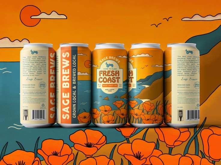 four cans of fresh coast beer are lined up in front of an orange and blue background