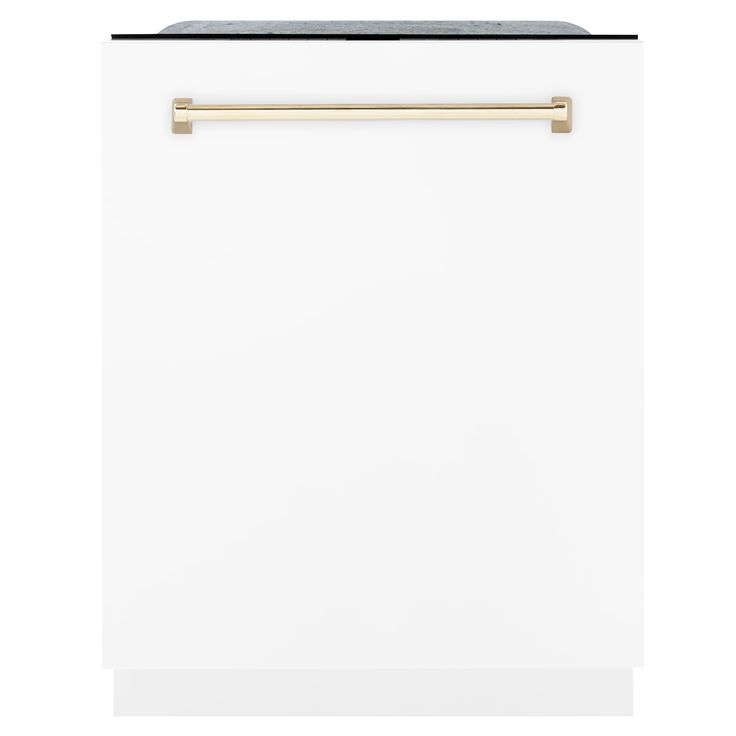 a white dishwasher with a gold handle on the top and bottom panel, in front of a white background