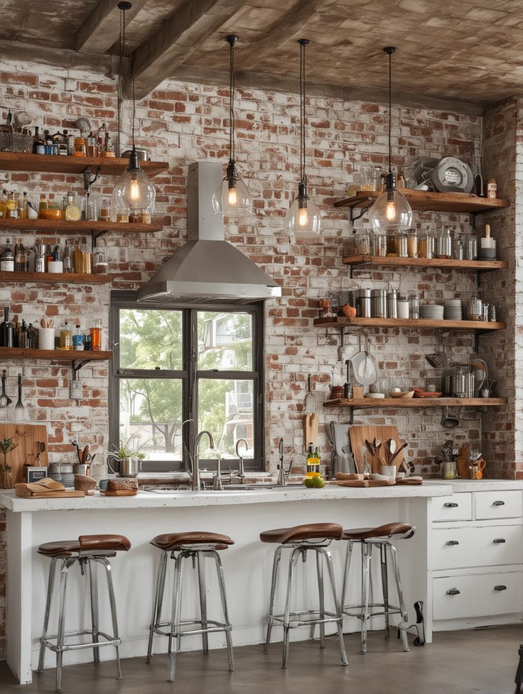 a kitchen with brick walls and lots of open shelves on the wall, along with wooden stools