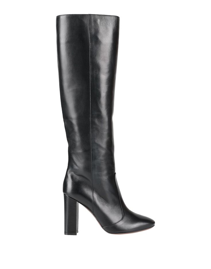 Luxury Knee-high Calf Leather Boots With Leather Sole, Classic Calf Leather Heeled Boots With Padded Heel, Office Boots In Calf Leather With Branded Heel, Luxury Square Toe Calf Leather Heeled Boots, Luxury Round Toe Knee-high Boots For Business, Luxury Knee-high Boots With Square Toe And Reinforced Heel, Luxury Business Knee-high Boots With Round Toe, Luxury Knee-high Boots With Round Toe For Business, Luxury Knee-high Boots With Reinforced Heel And Square Toe