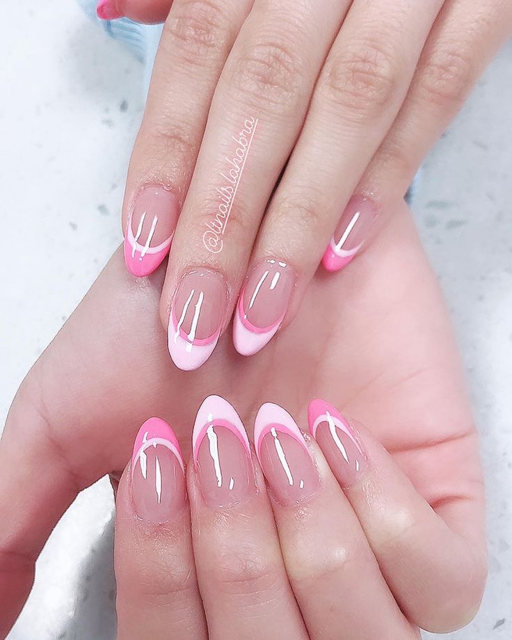 Cute Almond Nails Design Pink, Pink French Tip Nails Almond Valentines, Pink Sparkly French Tip Nails Almond, Cute Almond Nails Pink, Barbie Nails Ideas, Pink Round Nails Design, Pink Tip Almond Nails, French Tip With Pink Line, Pink Formal Nails