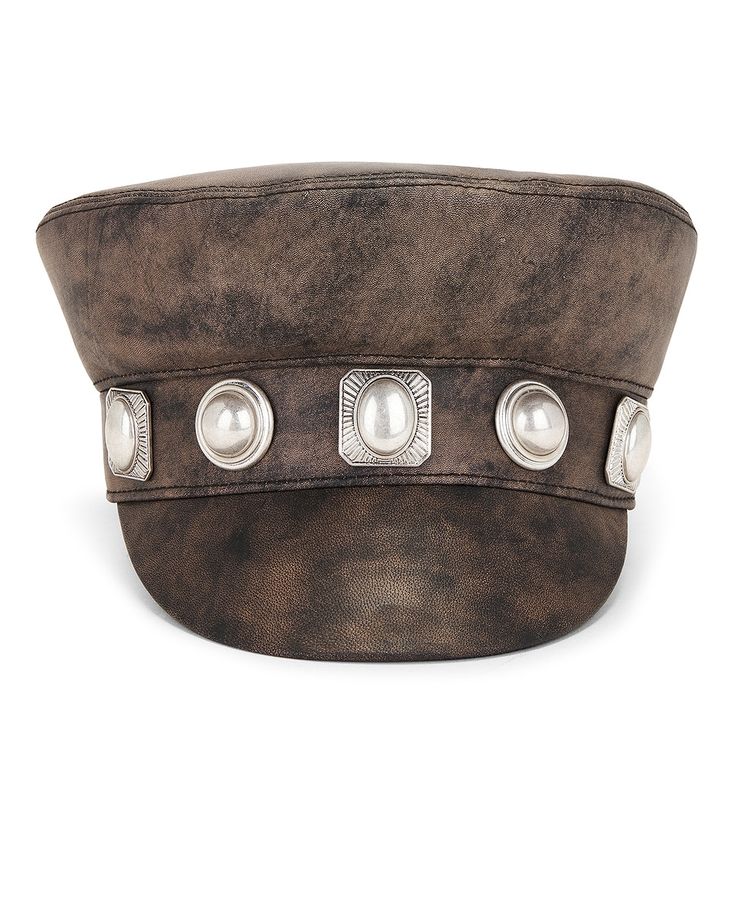 Self: 100% leather, Lining: 100% polyester.  Made in Italy.  Silver-tone hardware at front.  .  .  .  .  Brim measures approx 2.5" in length, S/M measures approx 23.55" in circumference.  .  .  .  .  .  .  .  . Signature Style, Porter, Silver Tone, In Italy, Product Launch, Italy, Hats, Leather, Silver