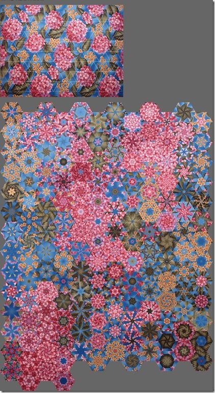 two pictures of different patterns and colors on the same piece of cloth, one with pink flowers