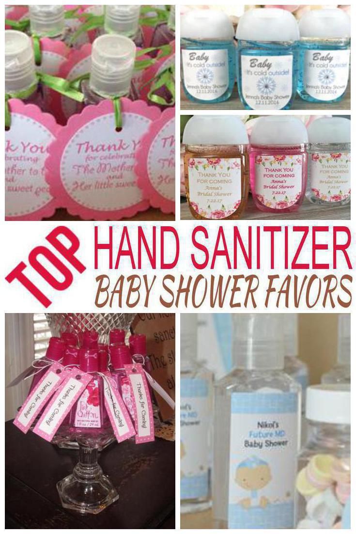 baby shower favors and hand sanitizers are shown in this collage