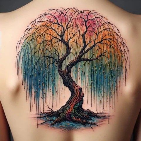 the back of a woman's shoulder with a tree and rainbow colors on it