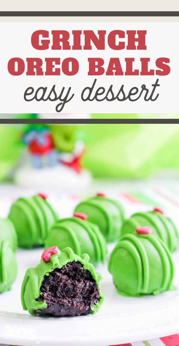 green oreo balls on a white plate with the title text overlay reads, grin - oreo balls easy dessert