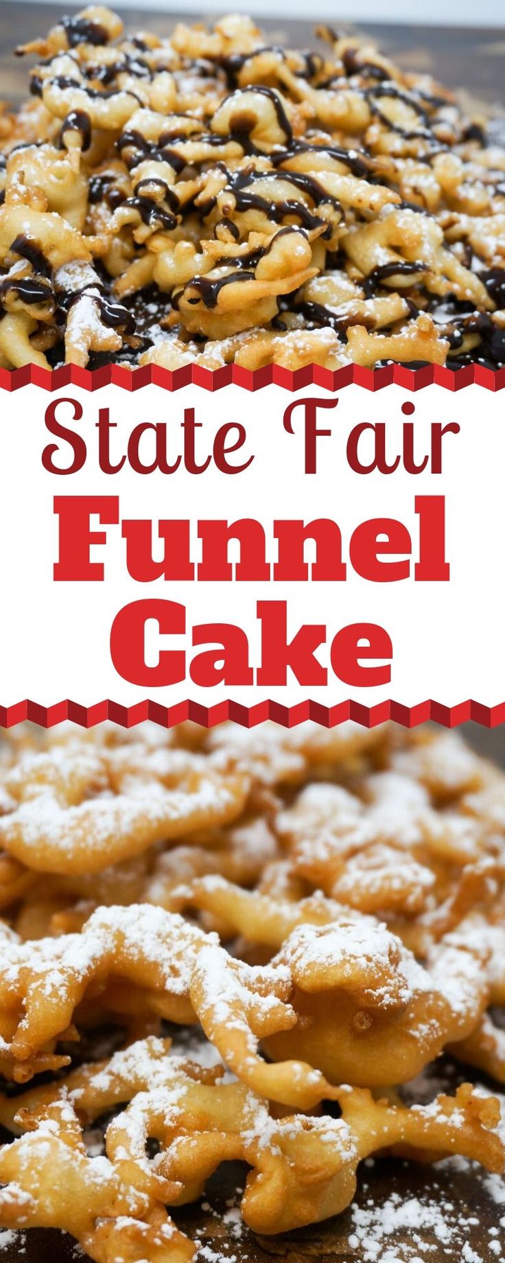 state fair funnel cake with chocolate sprinkles and powdered sugar on top