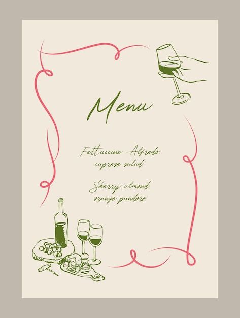 a menu for a restaurant with wine glasses and food on the table, hand drawn illustration