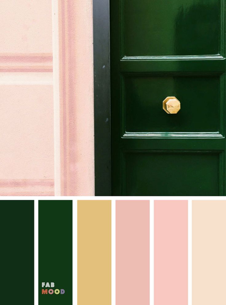 a green door with some pink and yellow colors in the background, along with other color swatches