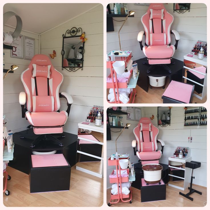 pink and black barber chair sitting on top of a wooden floor