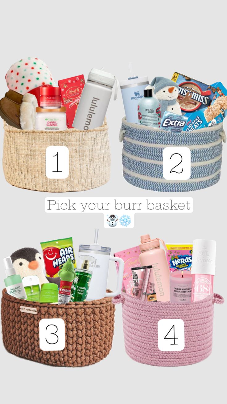 three baskets with the words pick your bur basket on them and four different items in each