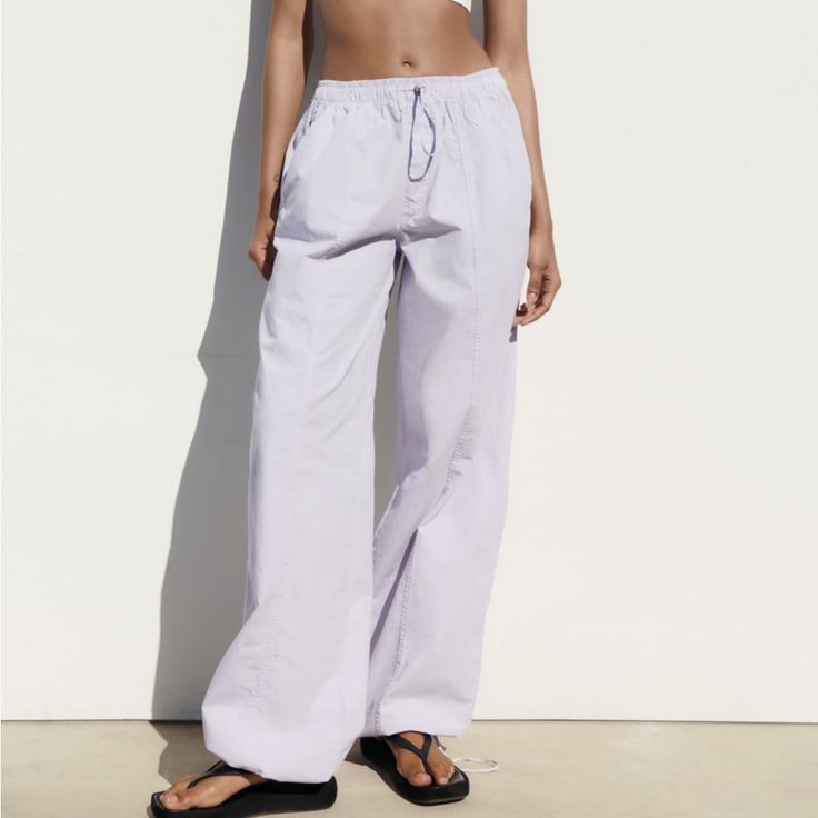 New With Tags Zara Lilac Parachute Pants With Side Pockets. Summer Wide Leg Cargo Pants For Loungewear, Wide Leg Summer Cargo Pants For Loungewear, Summer Straight Leg Cargo Pants For Day Out, Summer Straight Cargo Pants For Day Out, Straight Leg Cargo Pants For Summer Day Out, Summer Cotton Cargo Pants For Day Out, Chic Wide-leg Summer Cargo Pants, Summer Wide Leg Cargo Pants For Day Out, Spring Wide-leg Relaxed Fit Cargo Pants