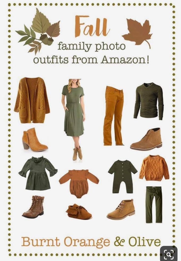 an advertisement for the fall family photo outfits from amazon, featuring orange and olive clothing