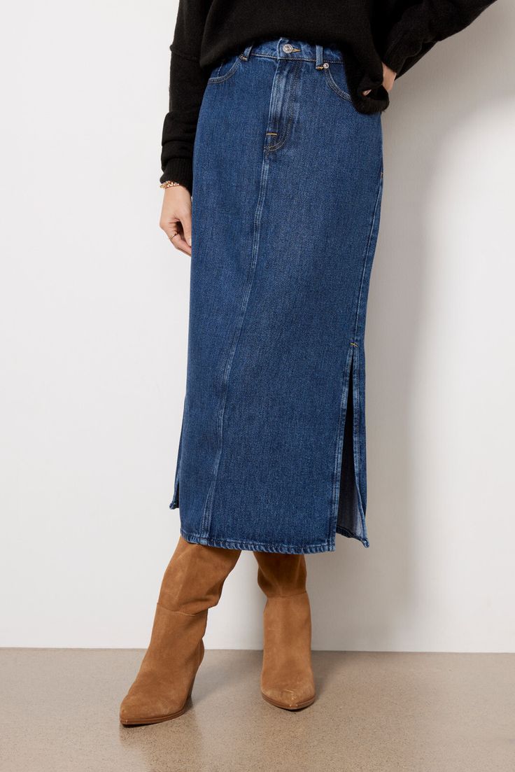 7 FOR ALL MANKIND Maxi Skirt | EVEREVE Fall Denim Skirt With Pockets, Straight Leg, Dark Wash Relaxed Skirt For Fall, Fall Denim Stretch Skirt, Fall Stretch Medium Wash Skirt, Fall Denim Skirt In Denim Blue, Denim Relaxed Fit Skirt For Fall, High Waist Relaxed Fit Denim Skirt For Fall, Mid-rise Stretch Denim Skirt For Fall, Relaxed Denim Skirt For Fall