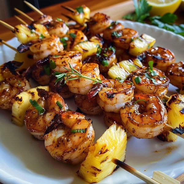 grilled shrimp and pineapple skewers on a white plate with lemon wedges