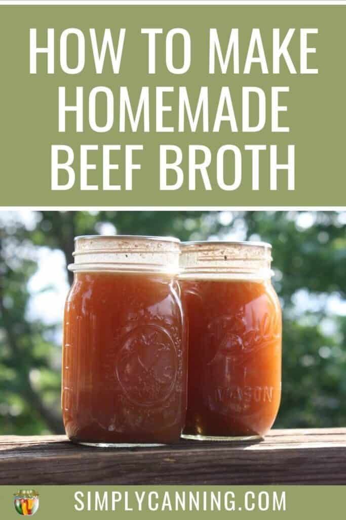 two jars filled with homemade beef broth sitting on top of a wooden table next to trees