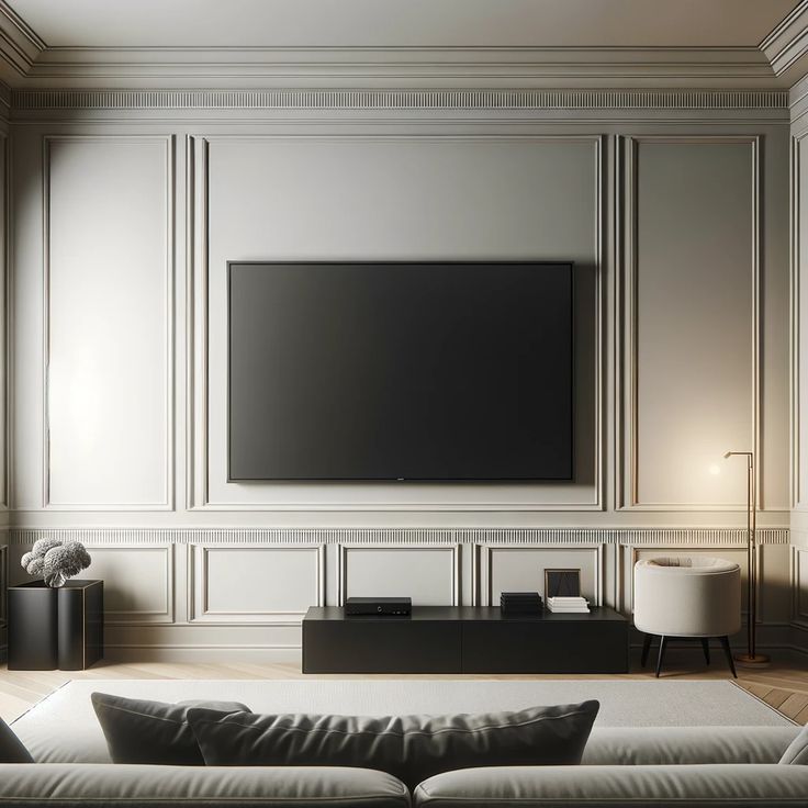 a large flat screen tv mounted to the side of a wall in a living room