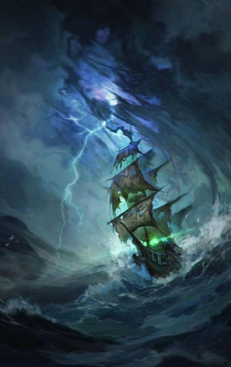 a ship in the middle of a storm with lightning coming out of it's sails