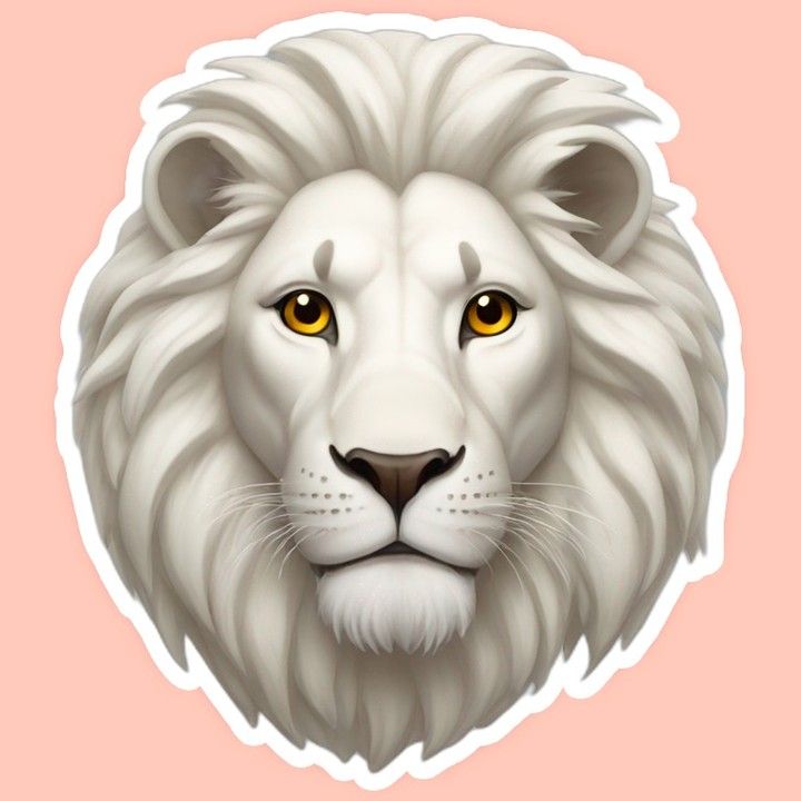 a white lion's head with yellow eyes on a pink and peach colored background