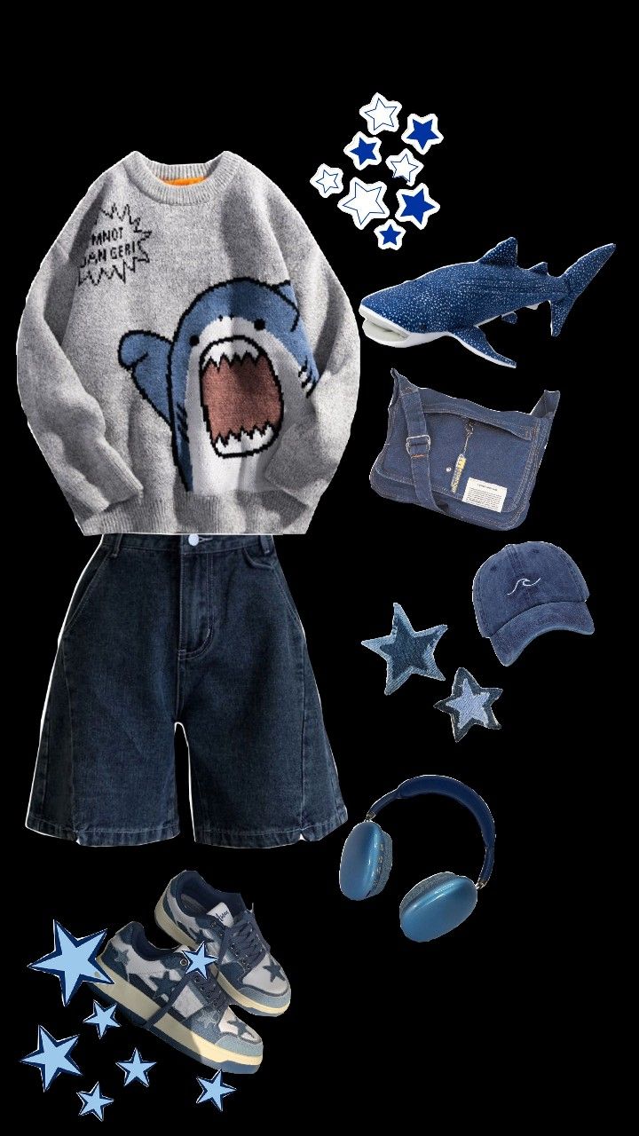 Shark Outfit Ideas, Shark Themed Outfit Aesthetic, Ocean Themed Clothes Aesthetic, Shark Aesthetic Outfits, Dark Blue Alt Outfit, Blue Grunge Aesthetic Outfit, Ocean Core Clothes, Shark Core Outfits, Stars Aesthetic Outfit