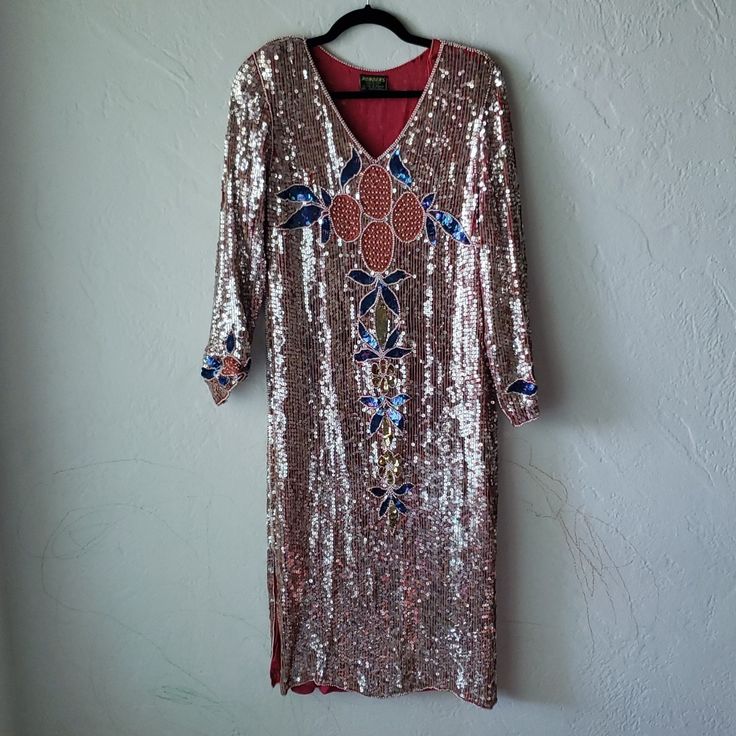 Spectacular Vintage Fully Sequined Kaftan Style Dress. Red Semi Sheer Fabric Completely Covered With Sequins And Pearl Details. Large, Intricate Floral Sequin And Pearl And Netting Design On Front And Matching On Back. Also On Sleeves At Hem. Right Sleeve Is Bunched At Netting And Pearls (See Photo). A Few Pearls Missing On Back Of Neckline, And Small Stain Inside. Shoulder Pads. Side Seam Slits At Bottom. Pearls Run Down All Seams And Hems. I Don't See Any Missing Sequins. This Is Amazing, Rare Festive Sequined Kaftan, Bollywood Style Sequined Festive Kaftan, Festive Bollywood Sequin Kaftan, Festive Bollywood Kaftan With Sequins, Festive Silver Dress With Mirror Work, Traditional Festive Sequined Kaftan, Fitted V-neck Kaftan For Party, Bollywood Sequin Kaftan For Festivals, Silver Dress With Mirror Work For Festive Occasions