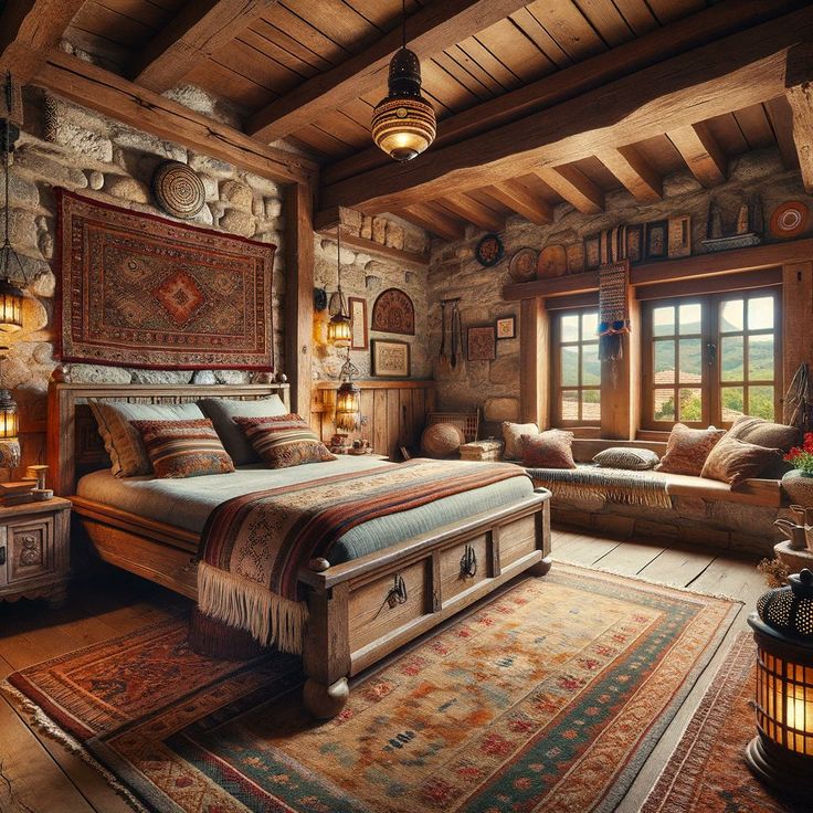 a large bed sitting inside of a bedroom next to a wooden floor covered in rugs