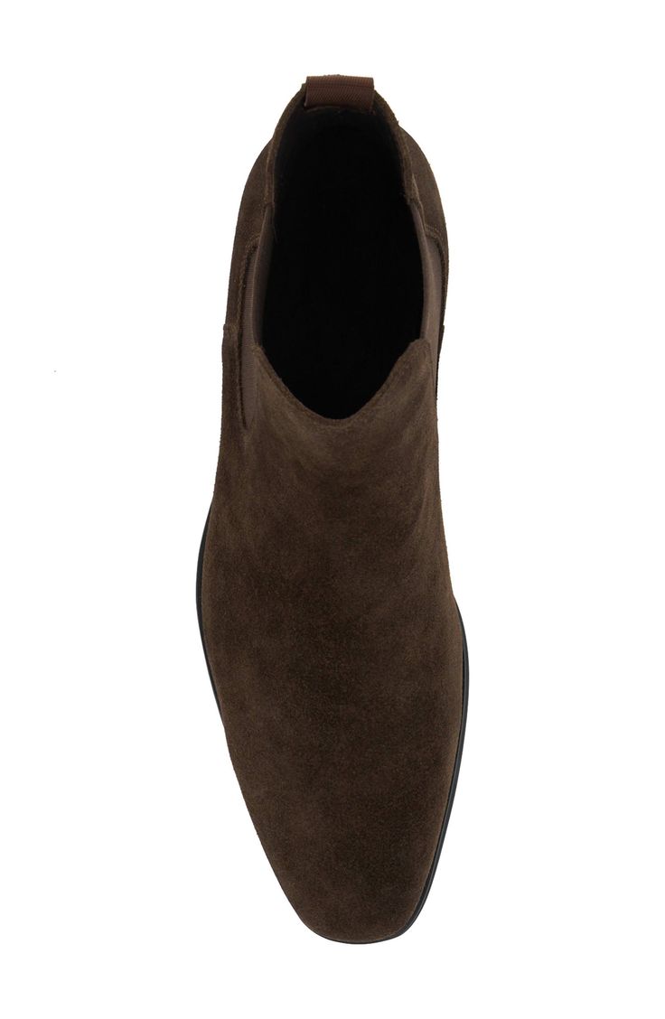 A bold, modern silhouette elevates a stylish Chelsea boot fashioned from creamy suede. Pull-on style with elastic gore insets Leather upper/textile lining/rubber sole Imported Suede Slip-on Boots With Heel Pull Tab, Fall High-top Suede Chelsea Boots, Brown Chelsea Boots With Branded Insole For Fall, High Ankle Suede Chelsea Boots For Fall, Modern High Ankle Suede Heeled Boots, Brown Suede Ankle-high Chelsea Boots, Ankle-high Brown Suede Chelsea Boots, Modern Suede Ankle Boots, Suede Boots With Rubber Sole In Medium Width