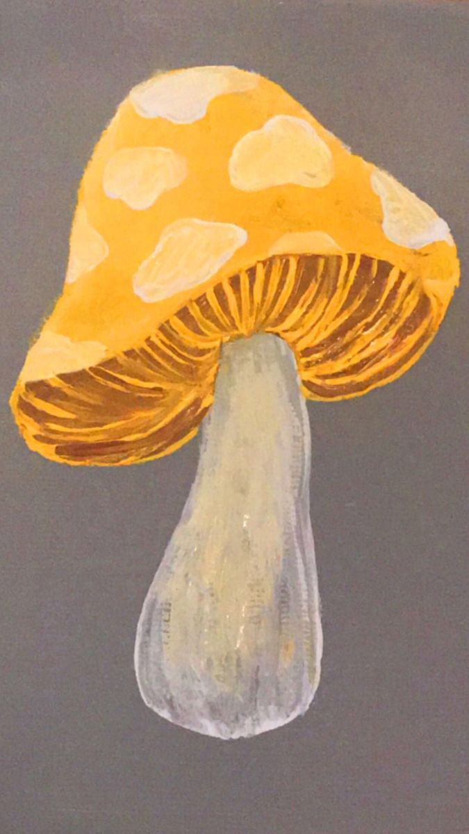 a painting of a yellow mushroom with white dots on it's top and bottom