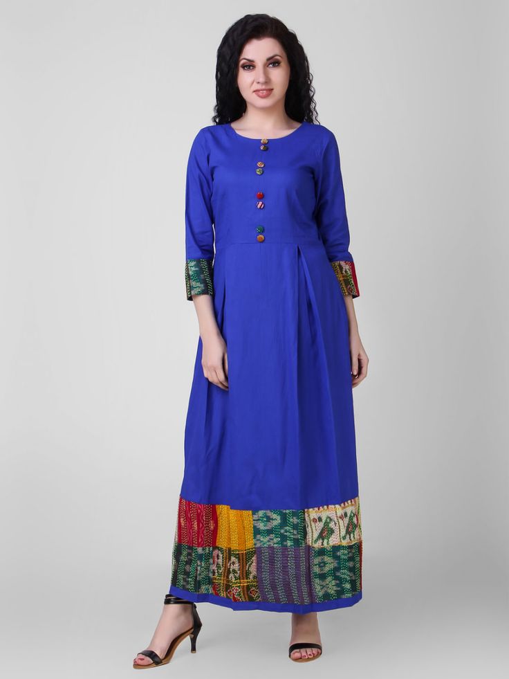 Blue Cotton Silk Hand Made Kantha Dress Blue Cutdana Straight Kurta, Blue Chanderi Floor-length Kurta, Blue Cotton Silk Kurta For Navratri, Floor-length Blue Kurta With Zari Work, Blue Cotton Silk Dress With Zari Work, Blue Floor-length Kurta With Zari Work, Blue Dresses With Resham Embroidery In Cotton Silk, Blue Cotton Silk Straight Kurta, Blue Chanderi Dresses With Cutdana