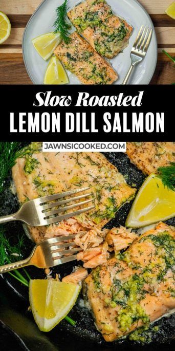 lemon dill salmon fillets on a skillet