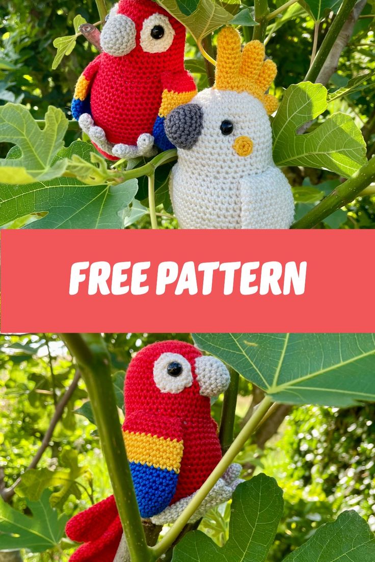 two crocheted birds sitting on top of leaves with the words free pattern above them