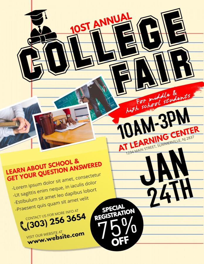 an advertisement for the college fair with photos and notes on lined up paper, including one student's name