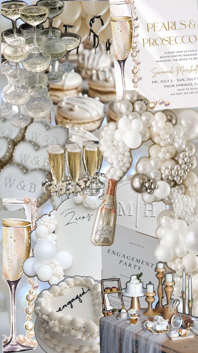 a collage of champagne and pearls on display