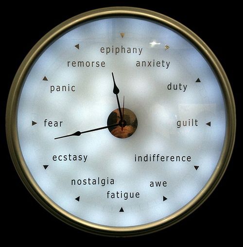 a clock with words written on the face