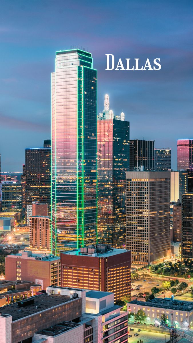 the city skyline is lit up in green and pink at night with the words dallas above it