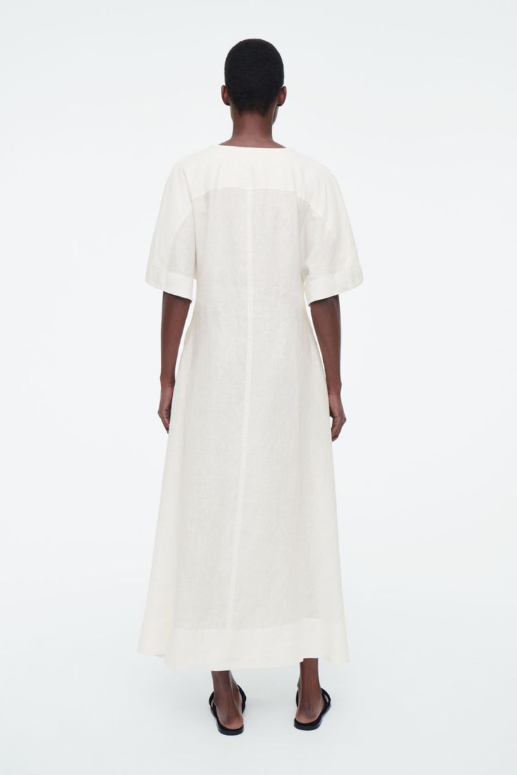 PLEATED A-LINE MIDI SHIRT DRESS - WHITE - COS Culotte Shorts, Neck Piece, Midi Shirt Dress, White Shirt Dress, Knitwear Cardigan, Mother Of Pearl Buttons, Flared Skirt, Dress Trousers, Shop Swimwear